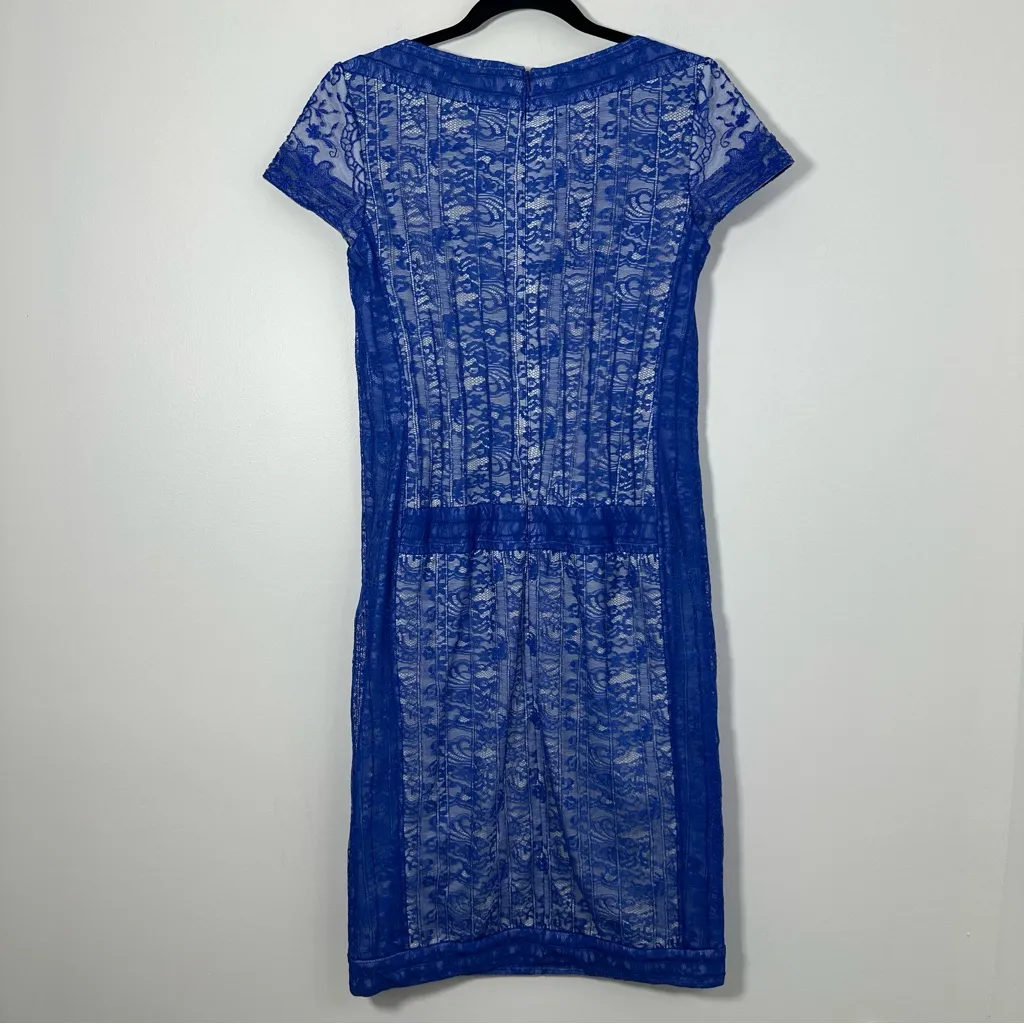 Tadashi Shoji Blue Lace Short Sleeve Midi Sheath Dress Size 8 - Image 3