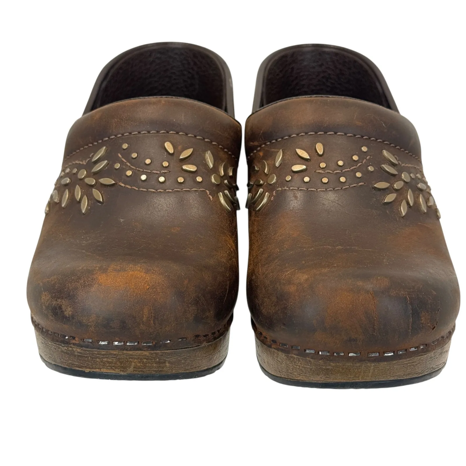 Dansko Patricia Leather Clog Sz 38 Womens Brown Floral Studded Comfort Work Shoe - Image 6