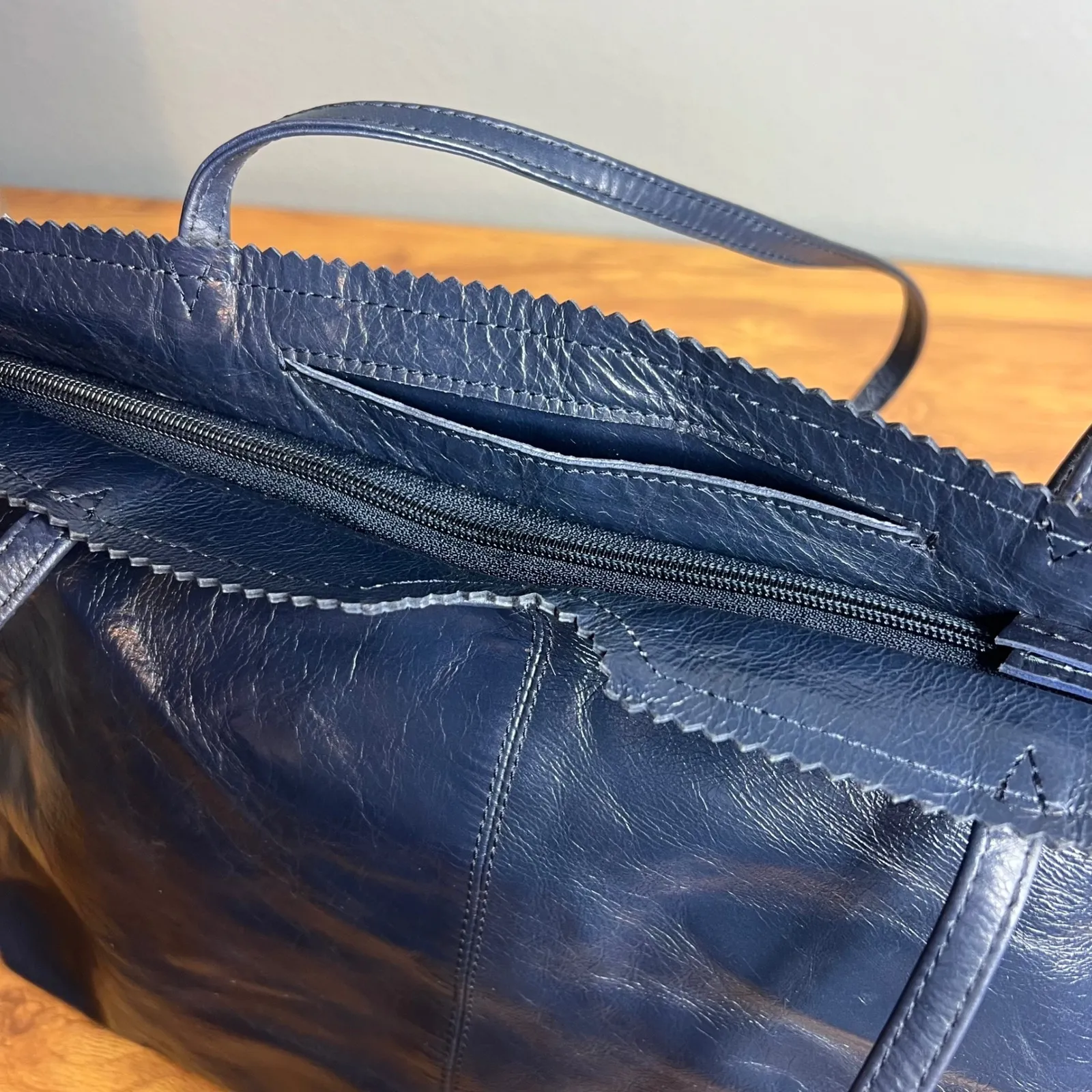 Latico Navy Blue Leather Tote Bag Shoulder Bag Handbag Floral Lining Scalloped - Image 9