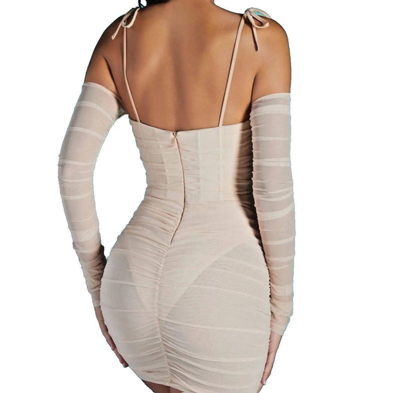 NEW Oh Polly dress Amiens Tie Mesh Mini Dress sand tie corset long sleeve size 2 - Image 3