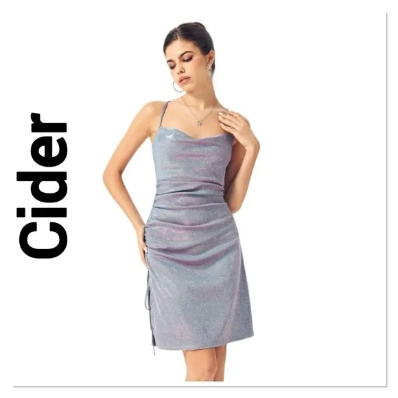 CIDER Purple Ombré Glitter Cowlneck Drawstring Mini Dress size XL Hoco Formal - Image 2