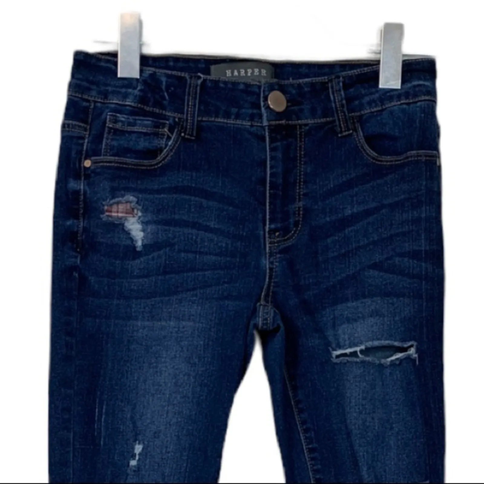 Harper Dark Wash Distressed Destroyed Mid Rise Skinny Jeans Women's Size 27 - Image 3