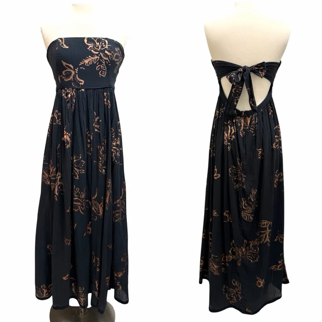 Free People Baja Babe Strapless Midi Dress Black Metallic Bronze Floral Size S - Image 4