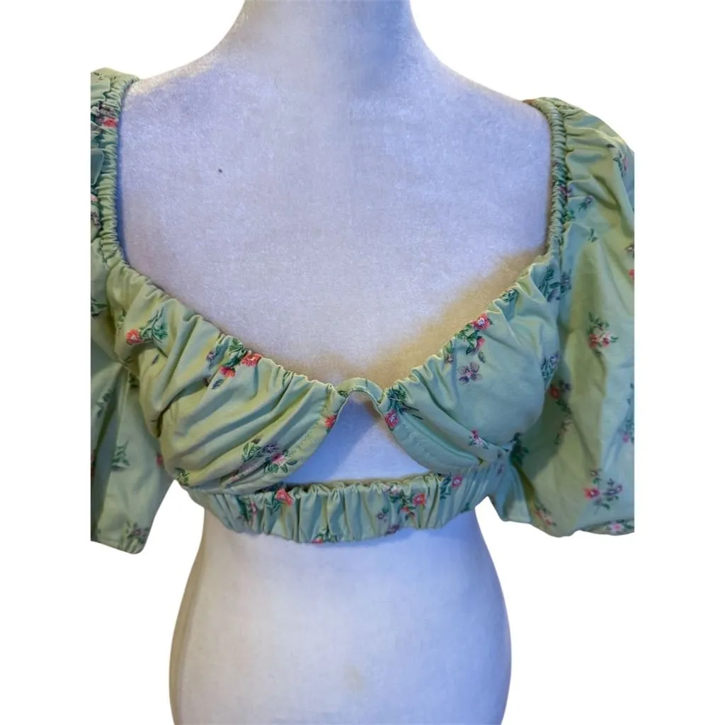 Forever 21 Women's Floral Puff Sleeve Crop Top Green Size S - Image 2