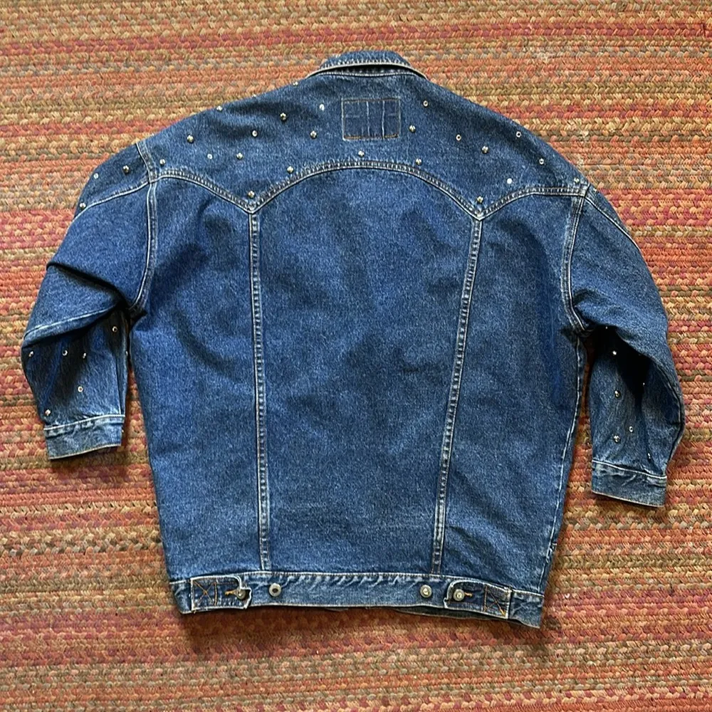 VTG JORDACHE DARK DENIM CUSTOM RHINESTONE STUDDED OVERSIZED TRUCKER JACKET - Image 5