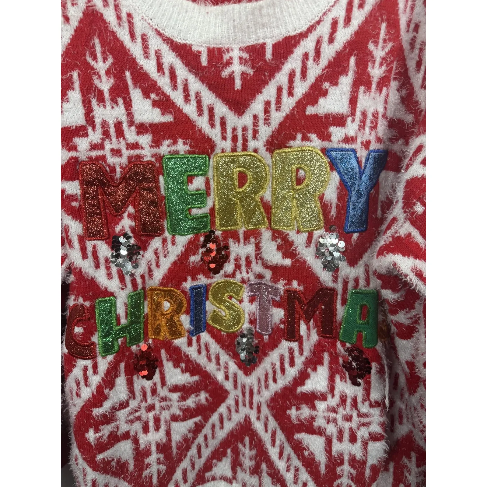 Holiday Time Sweater Womens 1X Red White Merry Christmas Sequin Ugly Fair Isle - Image 2