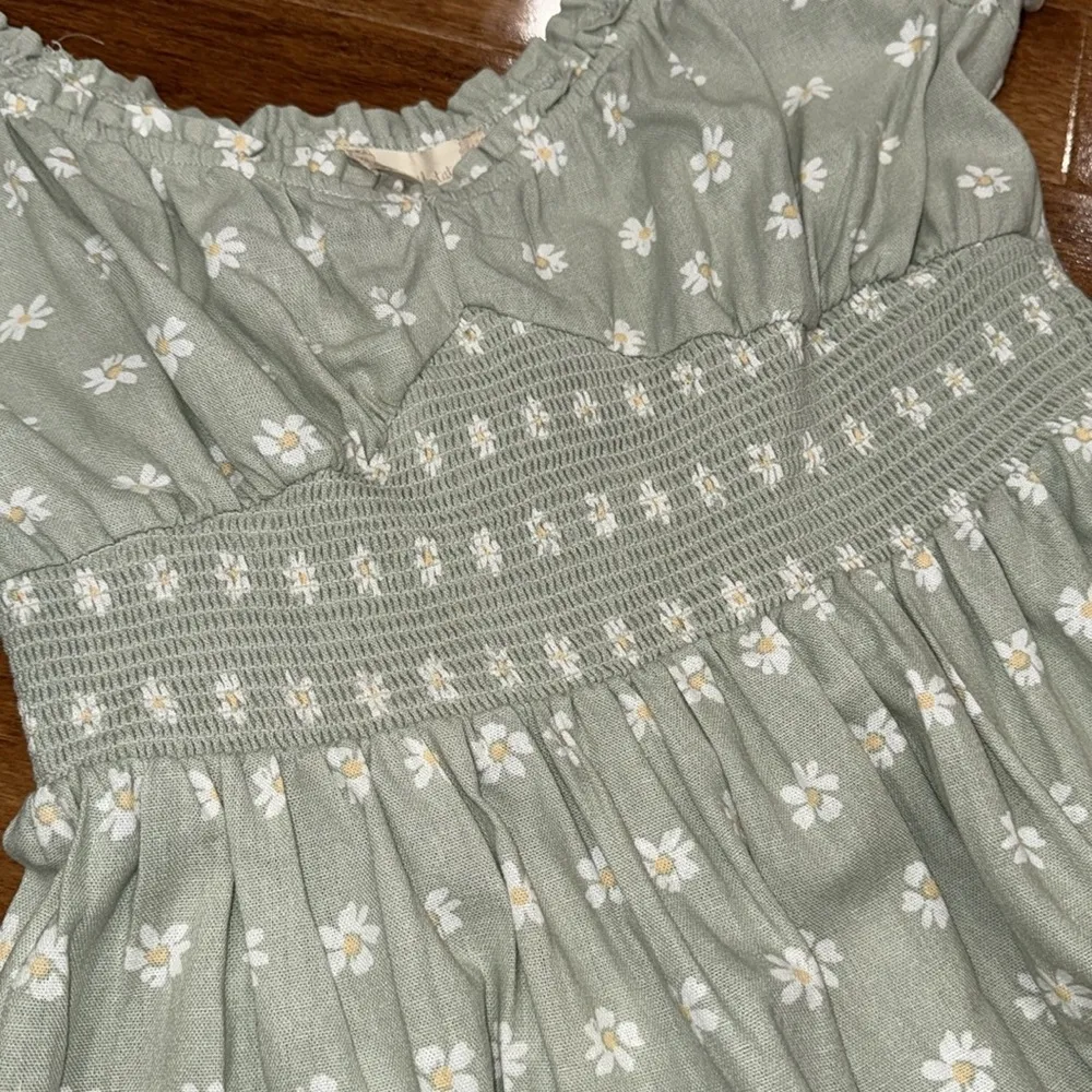 Altar’d State Scoop Elastic Neck Smocked Bodice Sage Green Daisy Mini Dress - Image 5