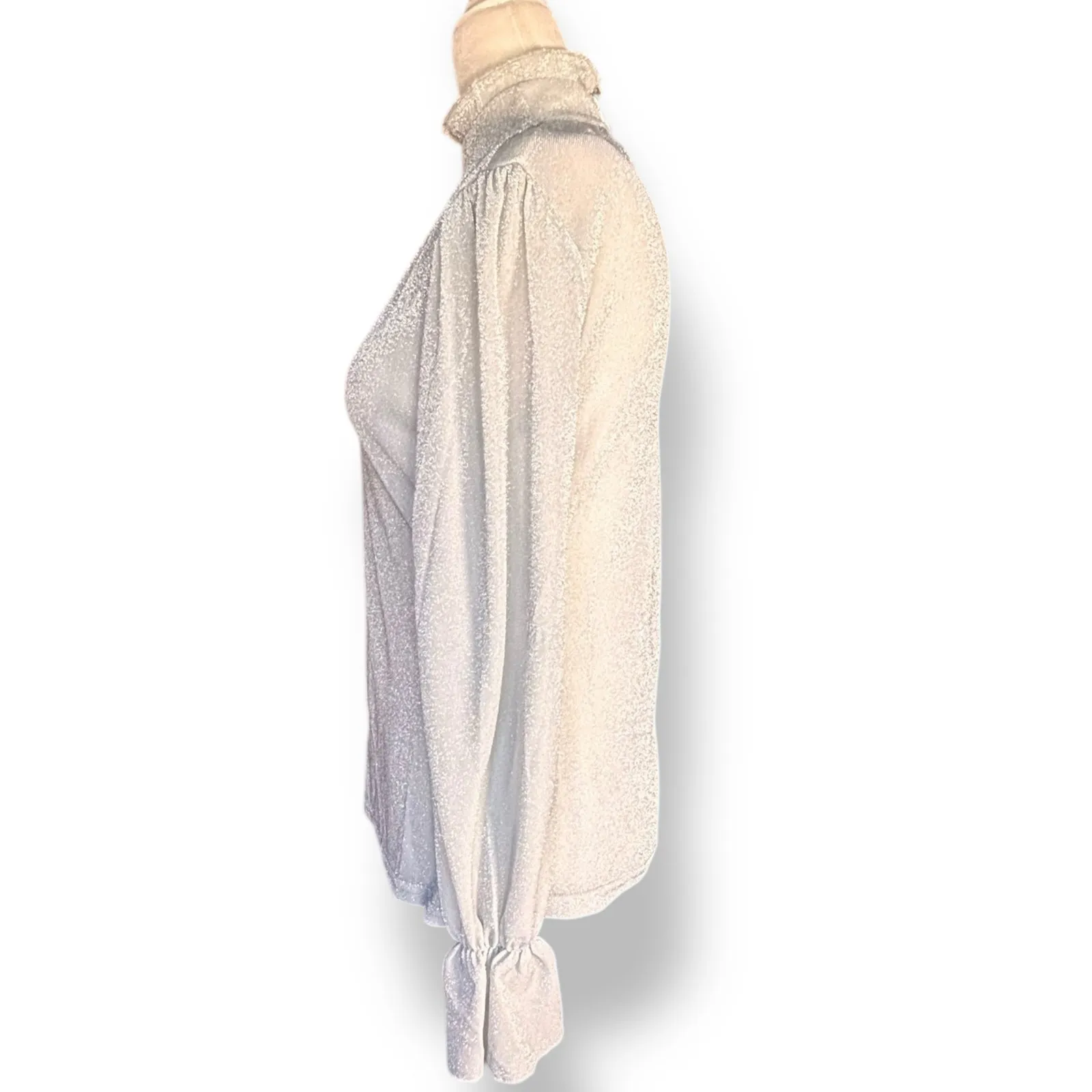 Unique Vintage  Silver Metallic Mock Turtleneck Shimmer Sheer Blouse Festive - Image 7