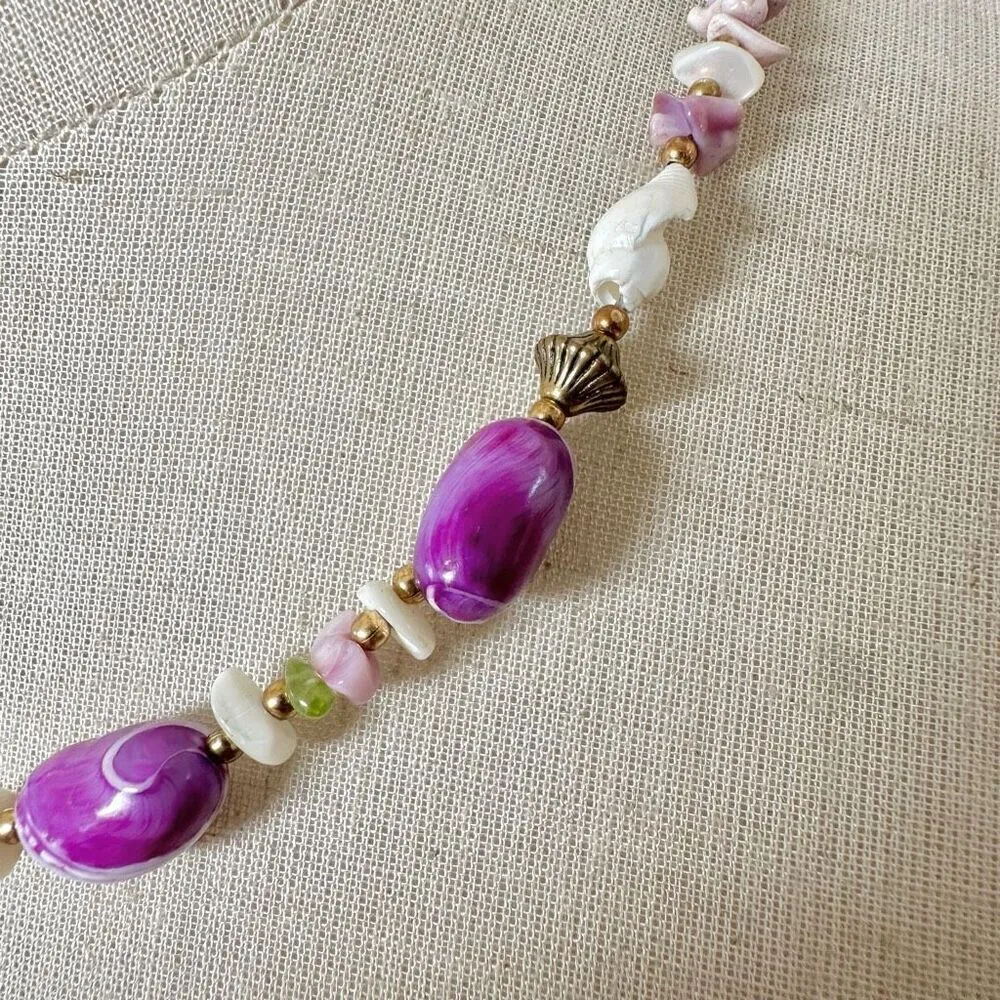 Faux Pearl, peridot shell purple beaded necklace - Image 2