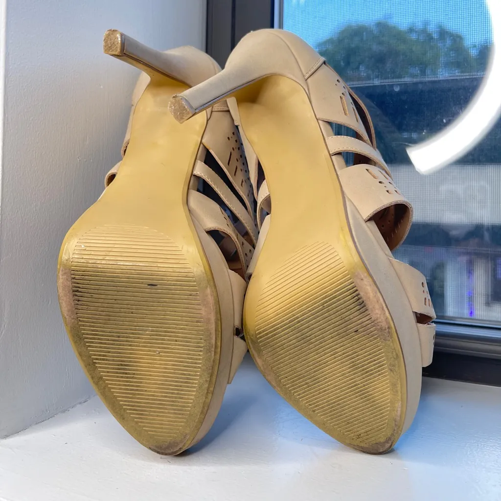 Elegant Beige Strappy Women's Peep Toe Heels - Image 4