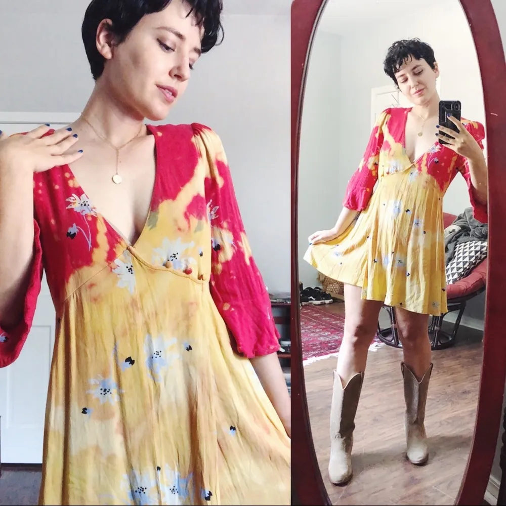 Free People • Time On My Side dress mini floral wrap red yellow crepe tie dye - Image 3