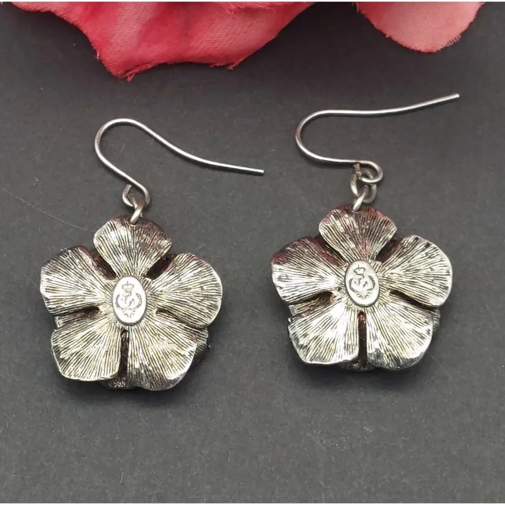 CUTE Premier Design Silver Tone Dangle 3-D Flower Earrings Crystal Centers - Image 6