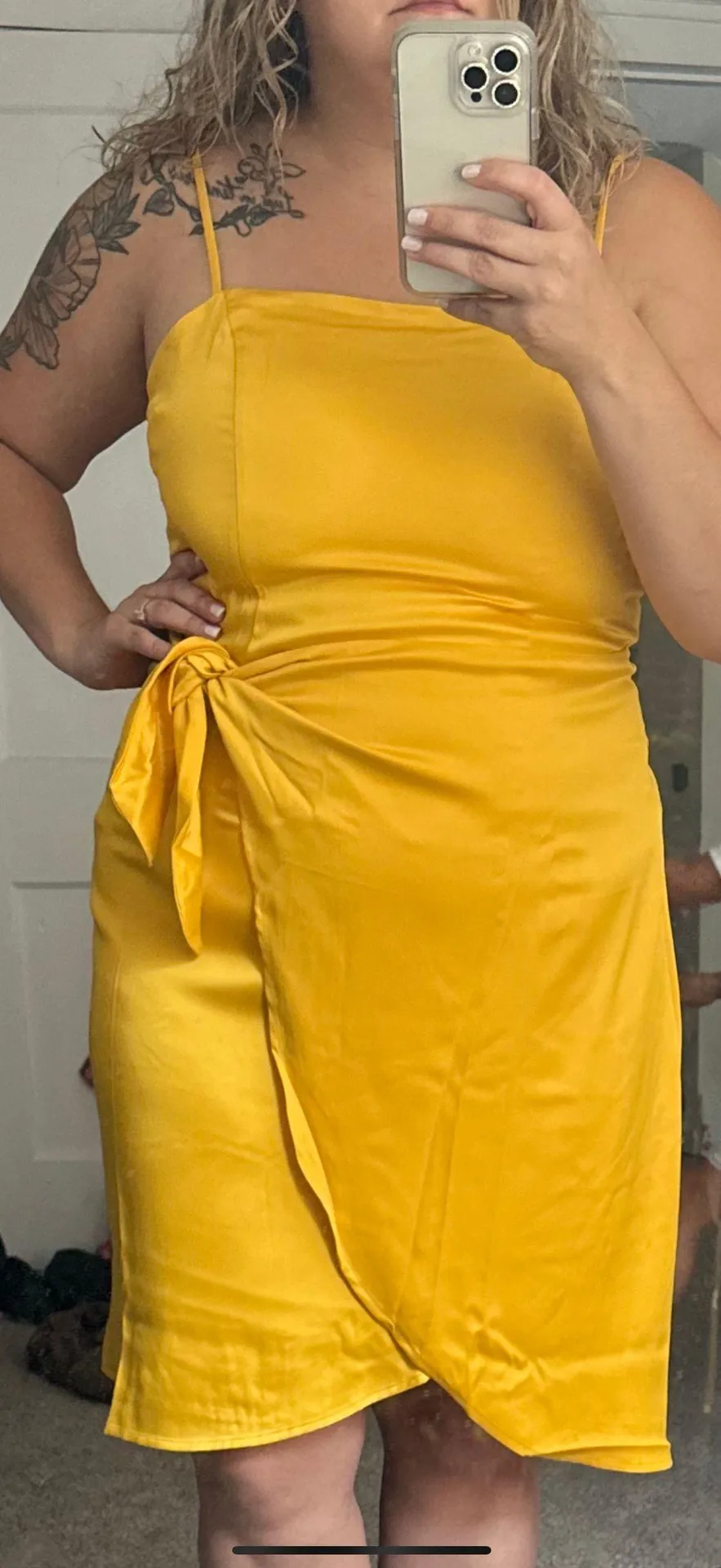 Yellow Satin Wrap Dress - Image 2