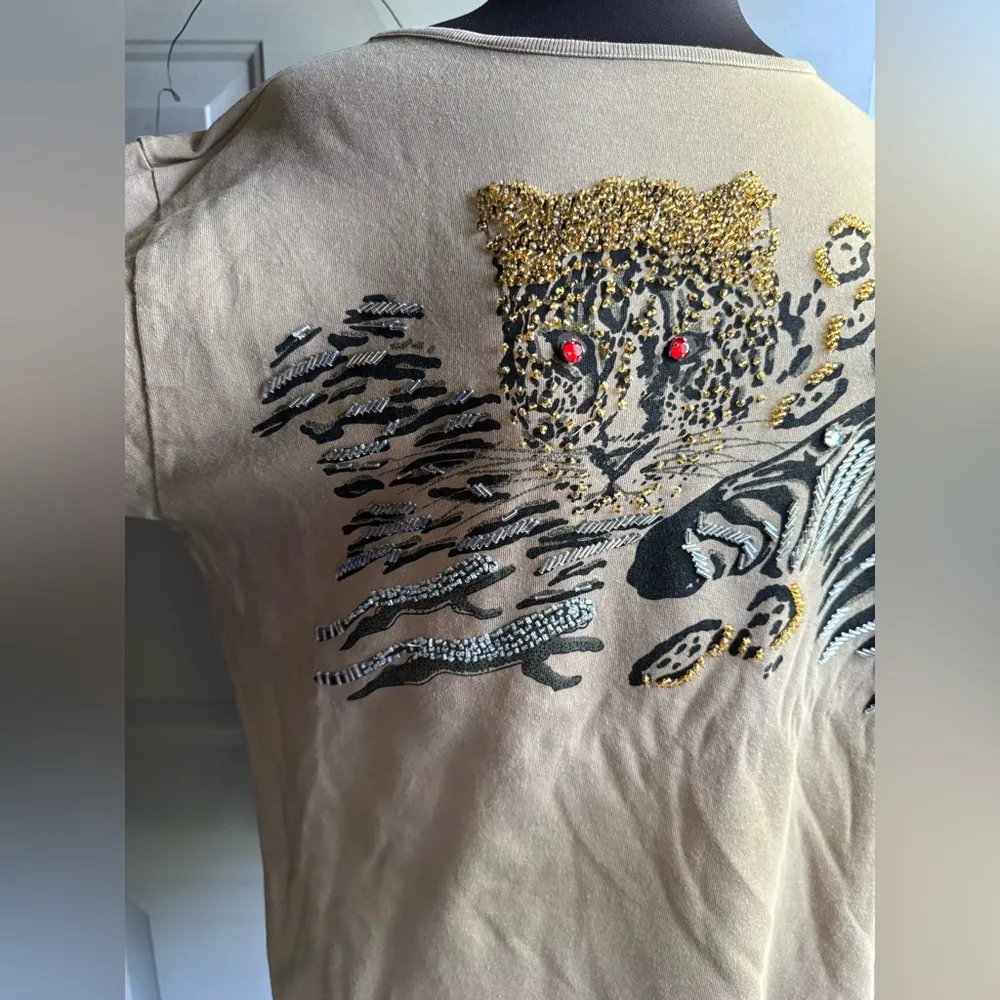 Vintage Doncaster jewel beaded jungle cats cotton shirt, size medium Black - Image 3