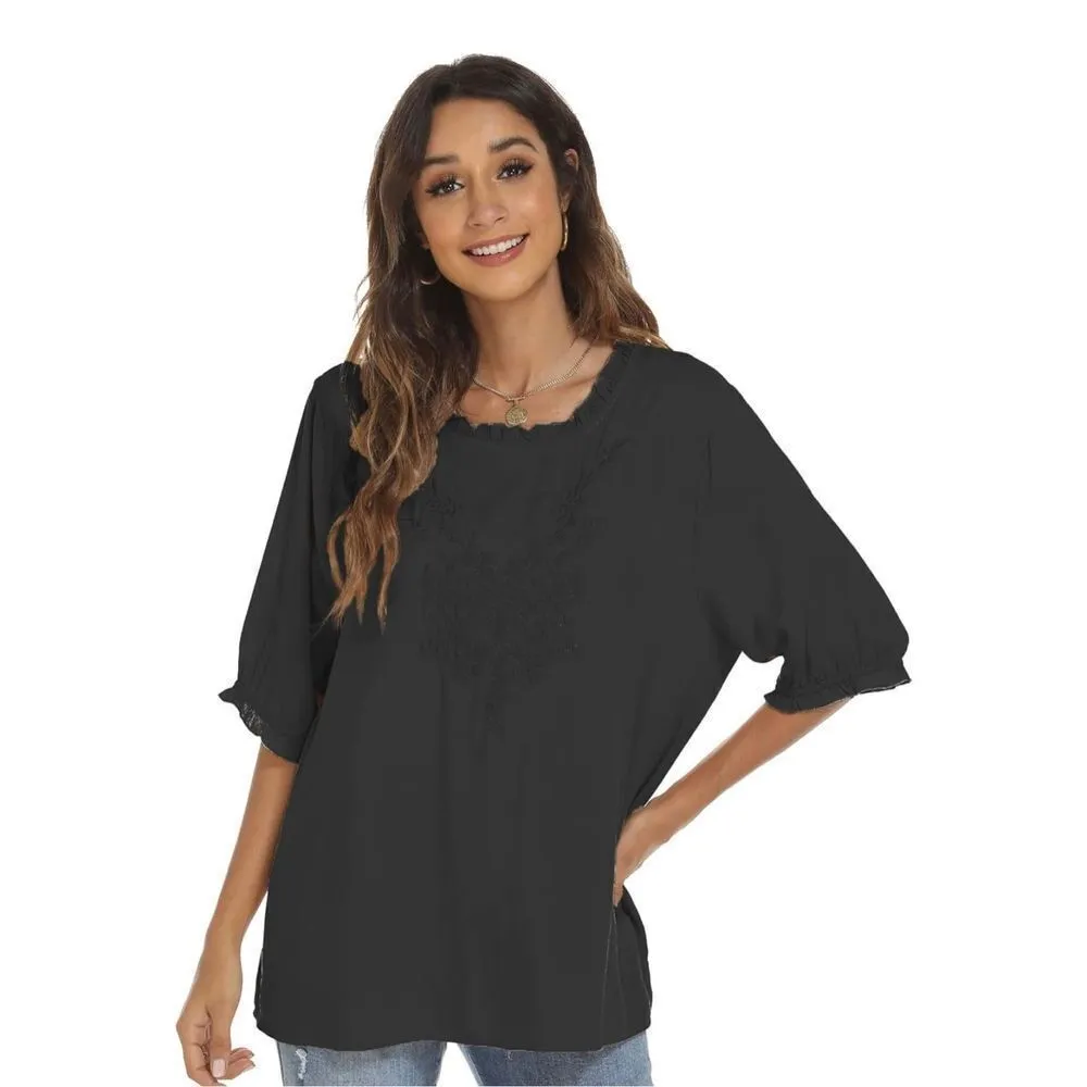 NEW Embroidered Rayon Tops Blouse Casual Embroidery Shirt XL Black - Image 4