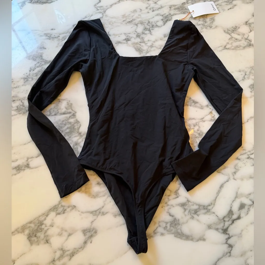 NWT Quince Second Skin Square Neck Long Sleeve Black Bodysuit Sz XS - Image 2