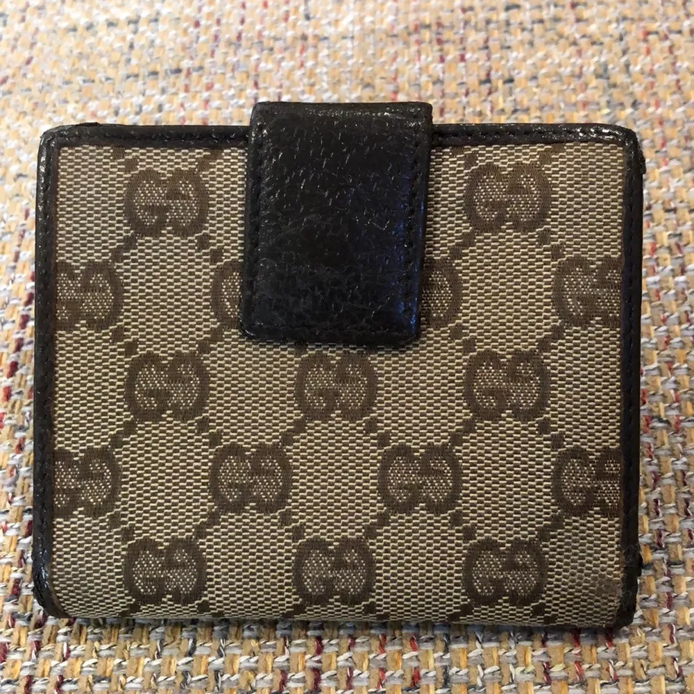 GUCCI GG Trifold Canvas Jacquard Wallet Tan Brown Leather Accent - Image 2