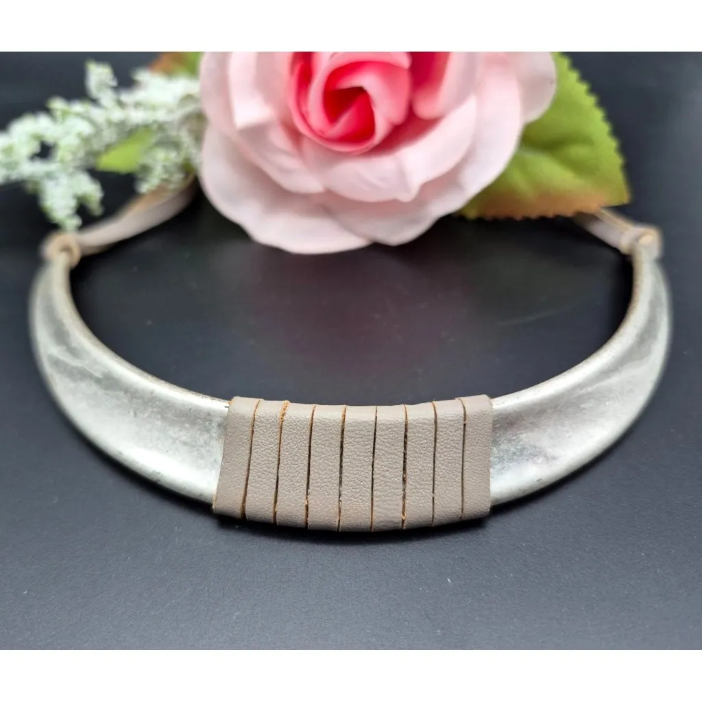 Brushed Silver Tone & Gray Faux Leather Structured Collar Choker Necklace 18" - Image 2