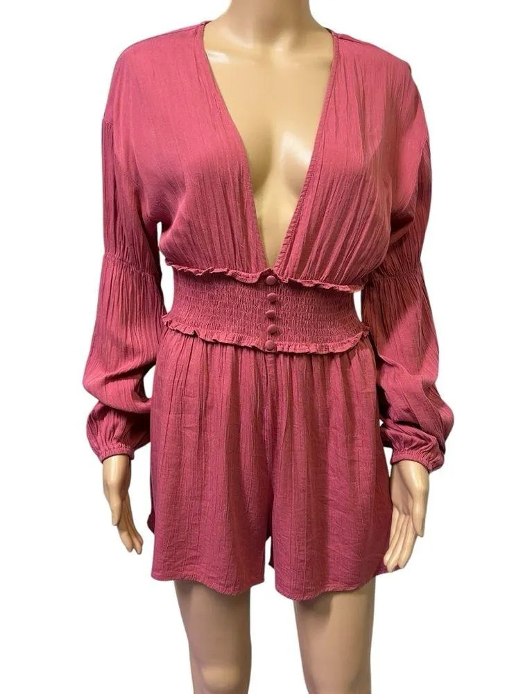 Forever 21 Plunging Ruffled Smocked Peasant Boho Long Sleeve Shorts Romper Small - Image 12