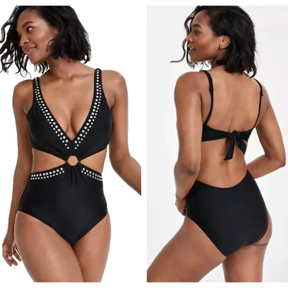 Bar III Women's Black Tell Me About It Stud One-Piece Swimsuit Size Medium NWOT - Image 7