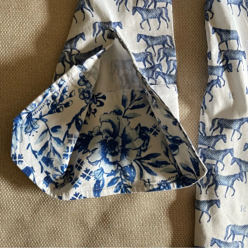 Rönner Horse Print Blouse Sz 8 Equestrian Button Down Shirt Horse Lover Barn Blue - Image 4