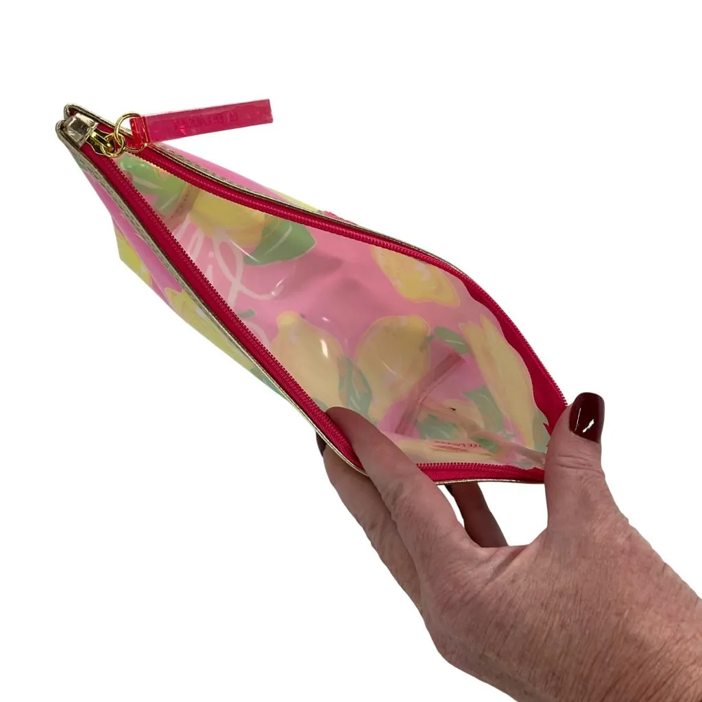 Lilly Pulitzer Estée Lauder Lemon Print Pink Cosmetic Bag Gold Trim & Zipper - Image 6