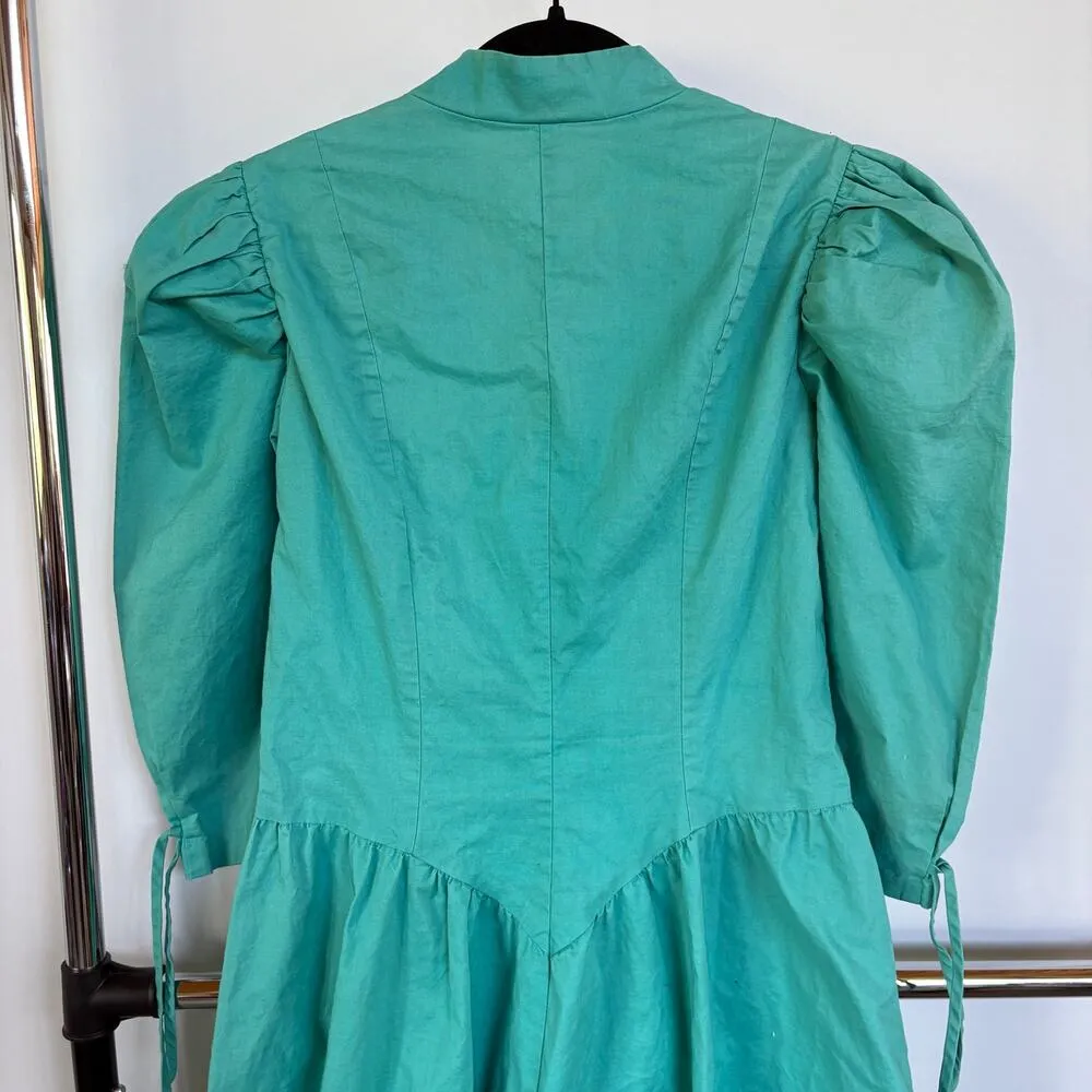 Vtg Teal Prairie Pioneer Lace Up Midi Dress Puff Sleeve Country Rodeo Stagecoach Green Size 16 - Image 4