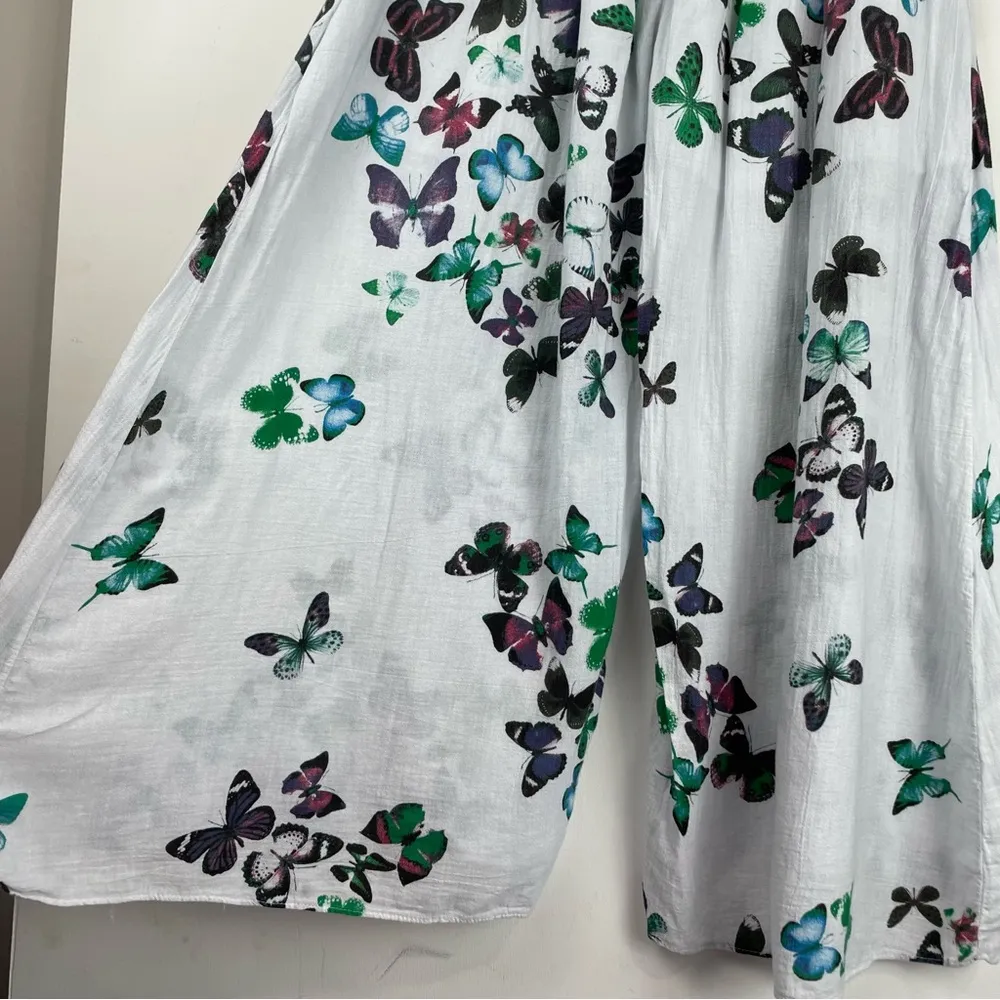 Y2K Gauzey Flowy Butterfly Wide Leg Crop Pants Sz S/M High Rise Tie Front Blue Size M - Image 9