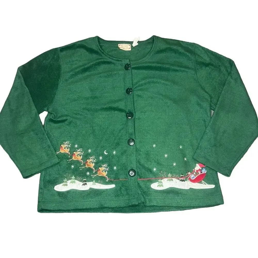 Vintage‎ Decorated Originals Green Christmas Cardigan Sweater Women's Large - Image 2