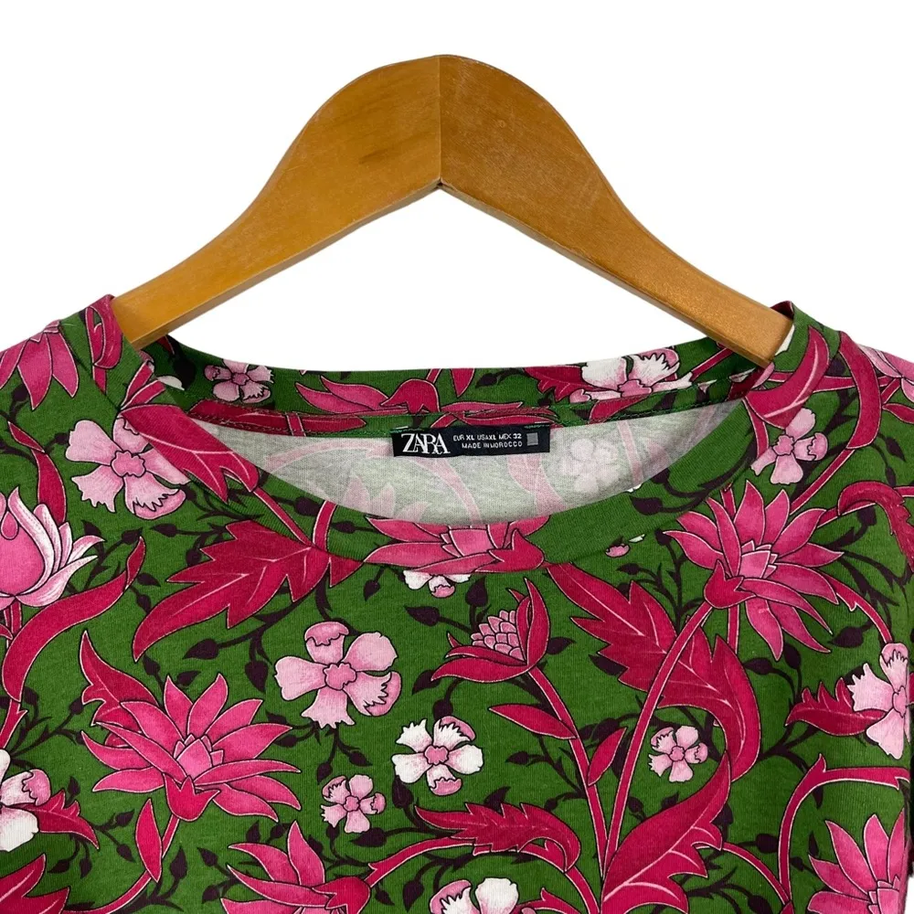 Zara Women's Floral Tie Sleeve Top Blouse Green Multicolor Puff Sleeve Size XL - Image 3