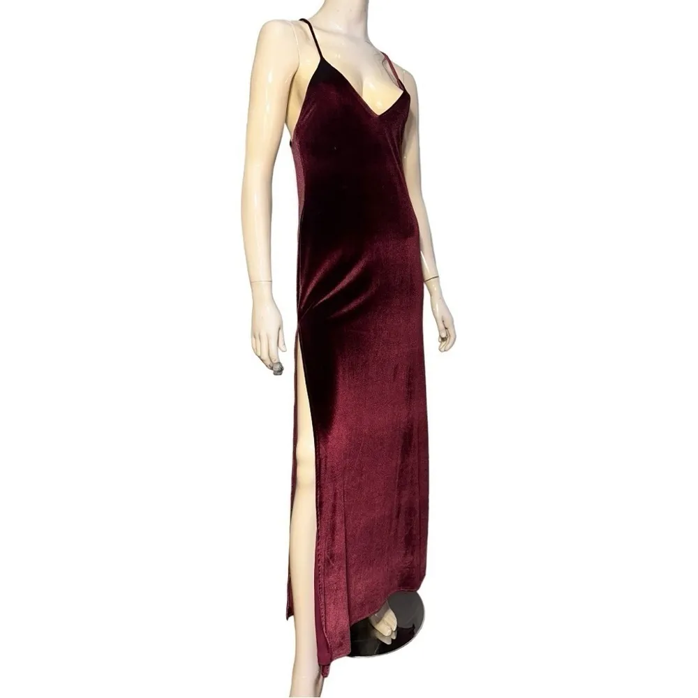 NBD Women’s S Burgundy Wine Velvet In the Deep Slit Sides Low Back Maxi Dress - Image 5