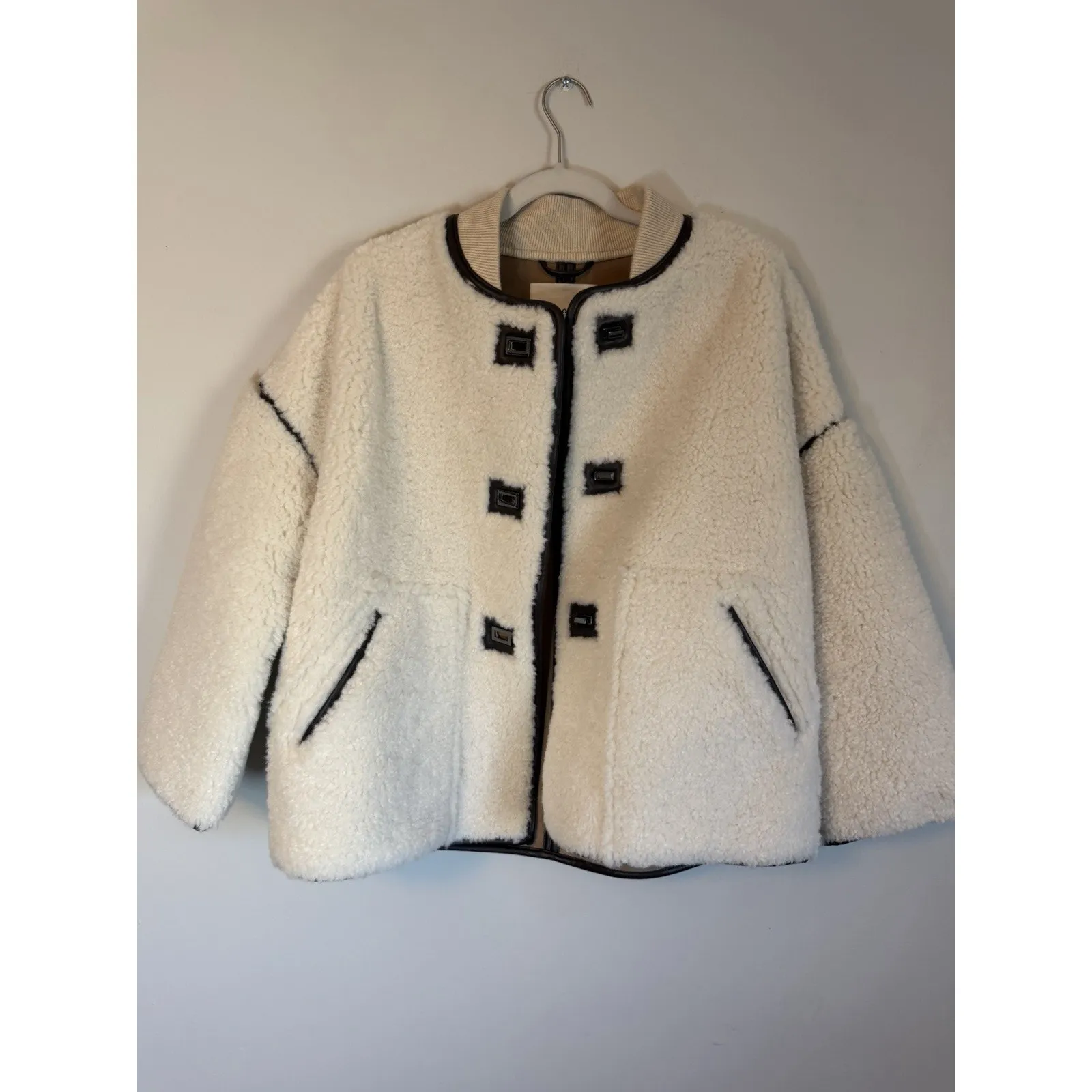 ba&sh BASH maury Faux Shearling short coat Ecru Oversized Sz 0 NWT $480 - Image 4