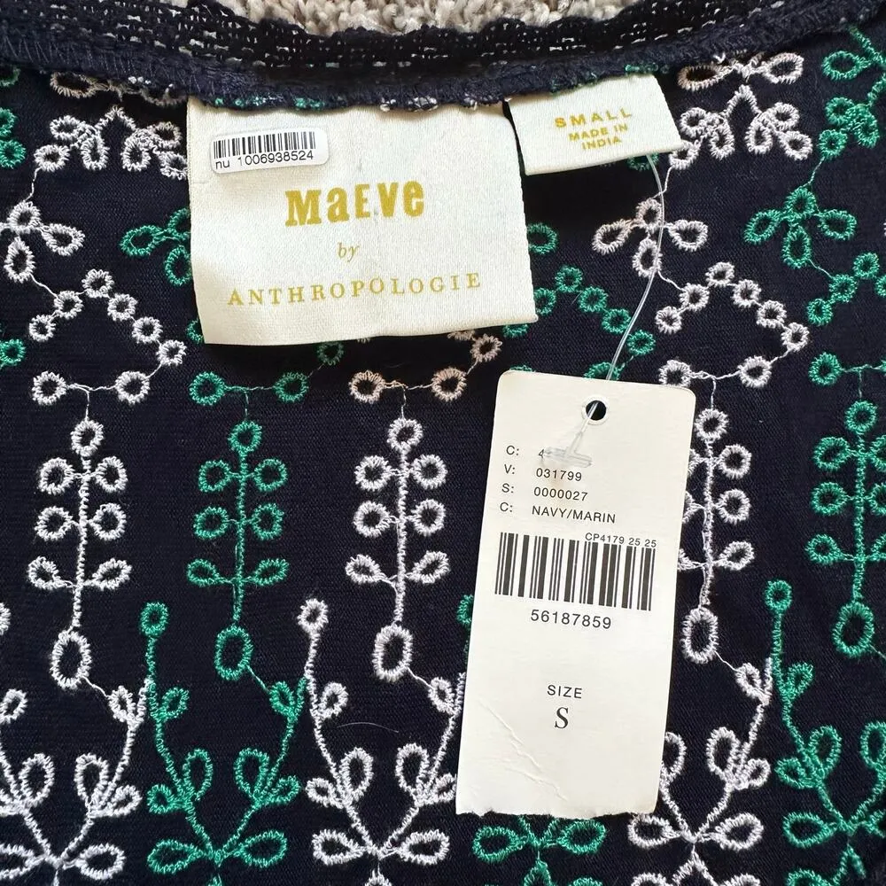 Maeve Anthropologie navy green & white embroidered v-neck tank top size S NWT - Image 8