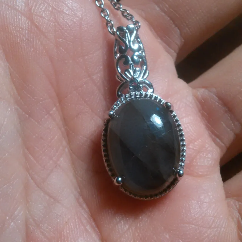 Malagasy Labradorite and Blue Topaz Platinum Bond Pendant Stainless Steel Chain - Image 16
