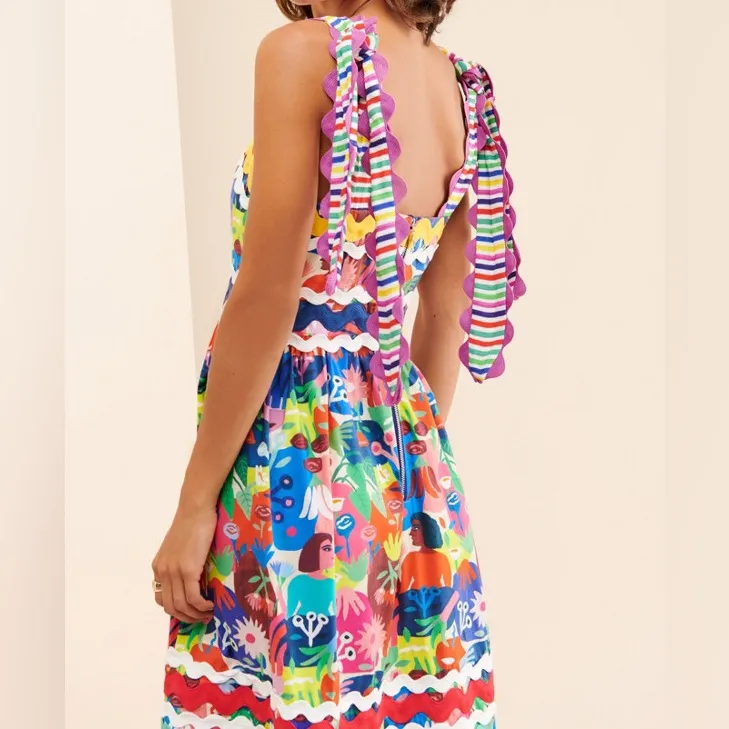 Celia B Love Midi Dress in Multi Rainbow Pattern Size Small Red - Image 4