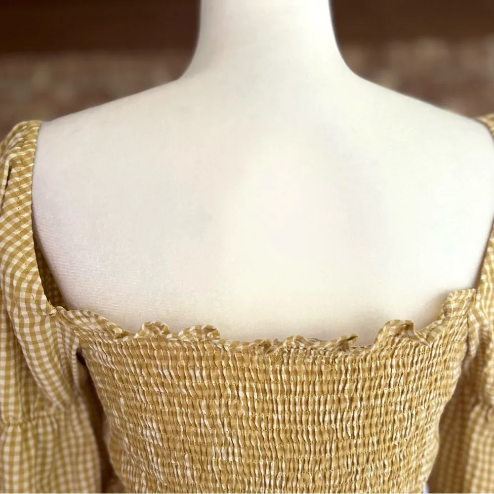 Urban Outfitters Gingham Blouse Cinched Sleeve Mustard Yellow Smocked Top S - Image 10