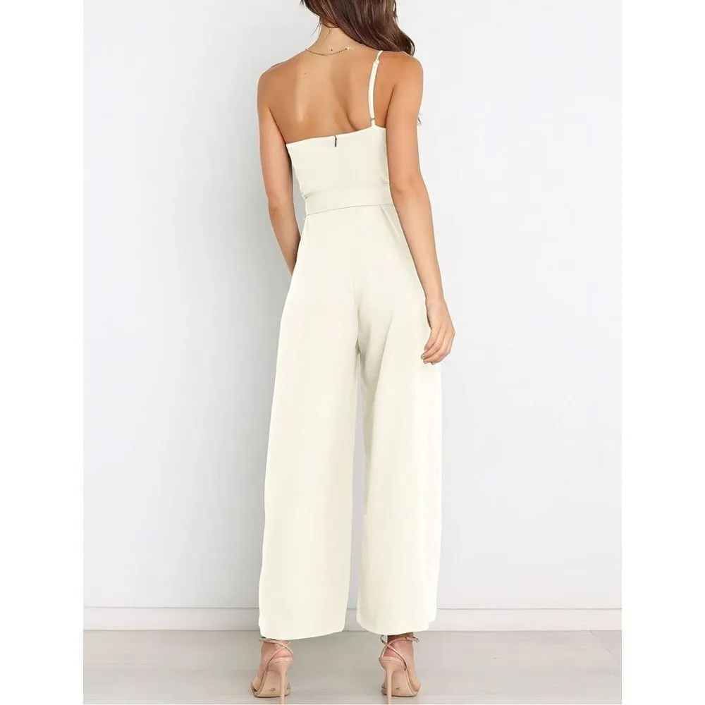 NEW Dressy 1 Shoulder Wide Leg Jumpsuit Romper Pockets L NO BELT White Size L - Image 3