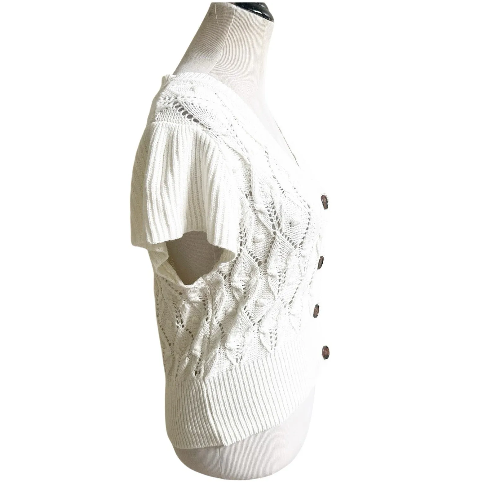 Rye Grass Cropped Cardigan Crochet Cable Knit Sweater Size Medium White V - Image 7