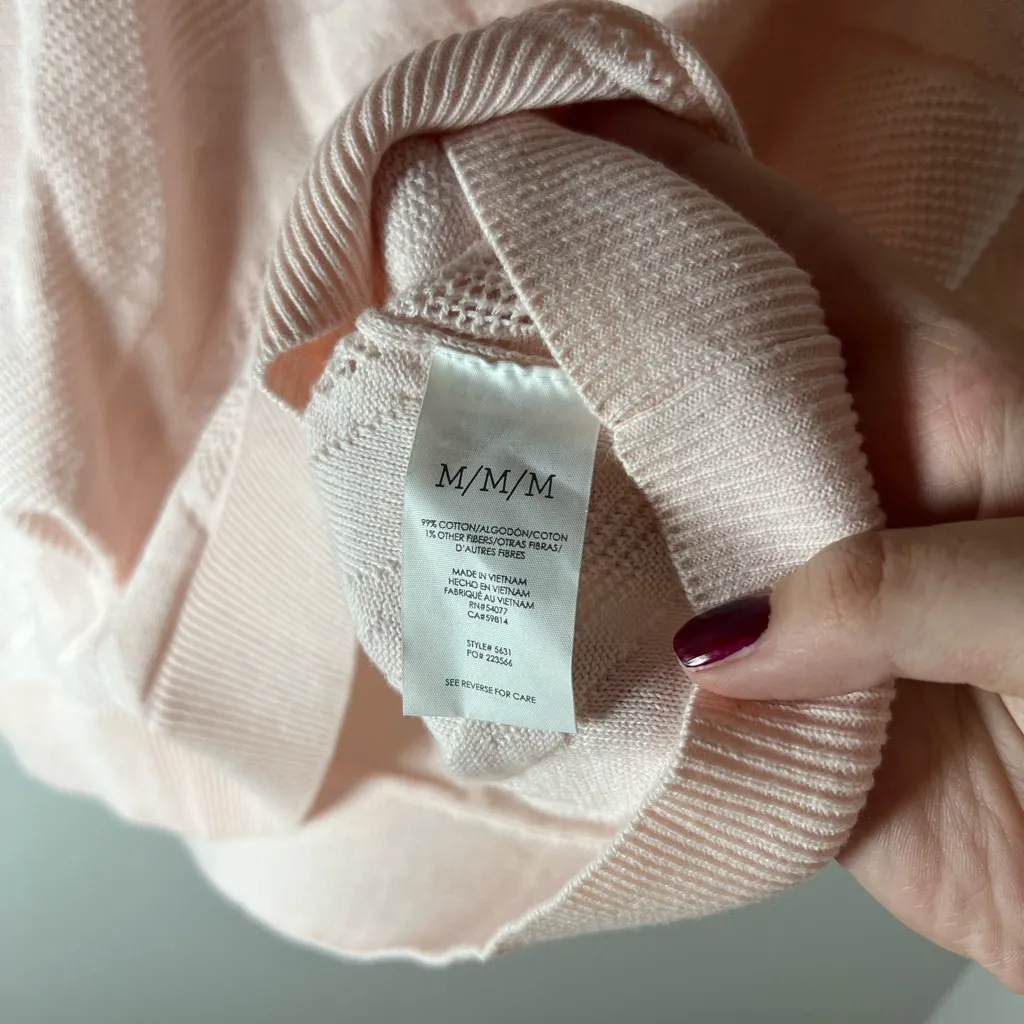 Cabi Shy Blush Pink Knit Pointelle 3/4 Short Sleeve Sweater Cotton Size M - Image 4