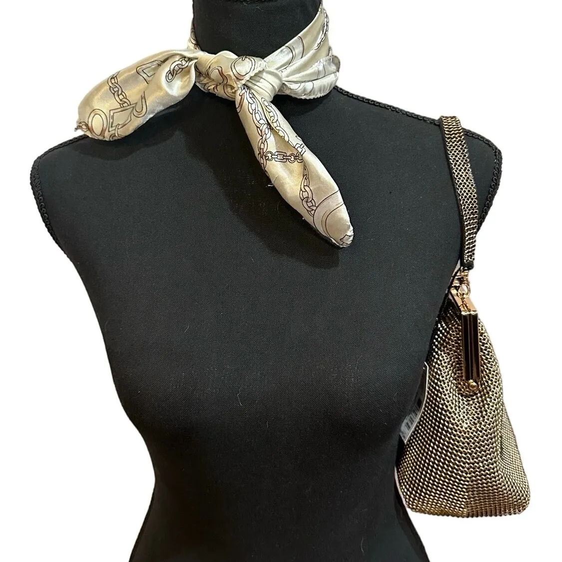 Vintage Satin Neckerchief or handbag Scarf, Paris Chains Gold & Cream Summer - Image 2