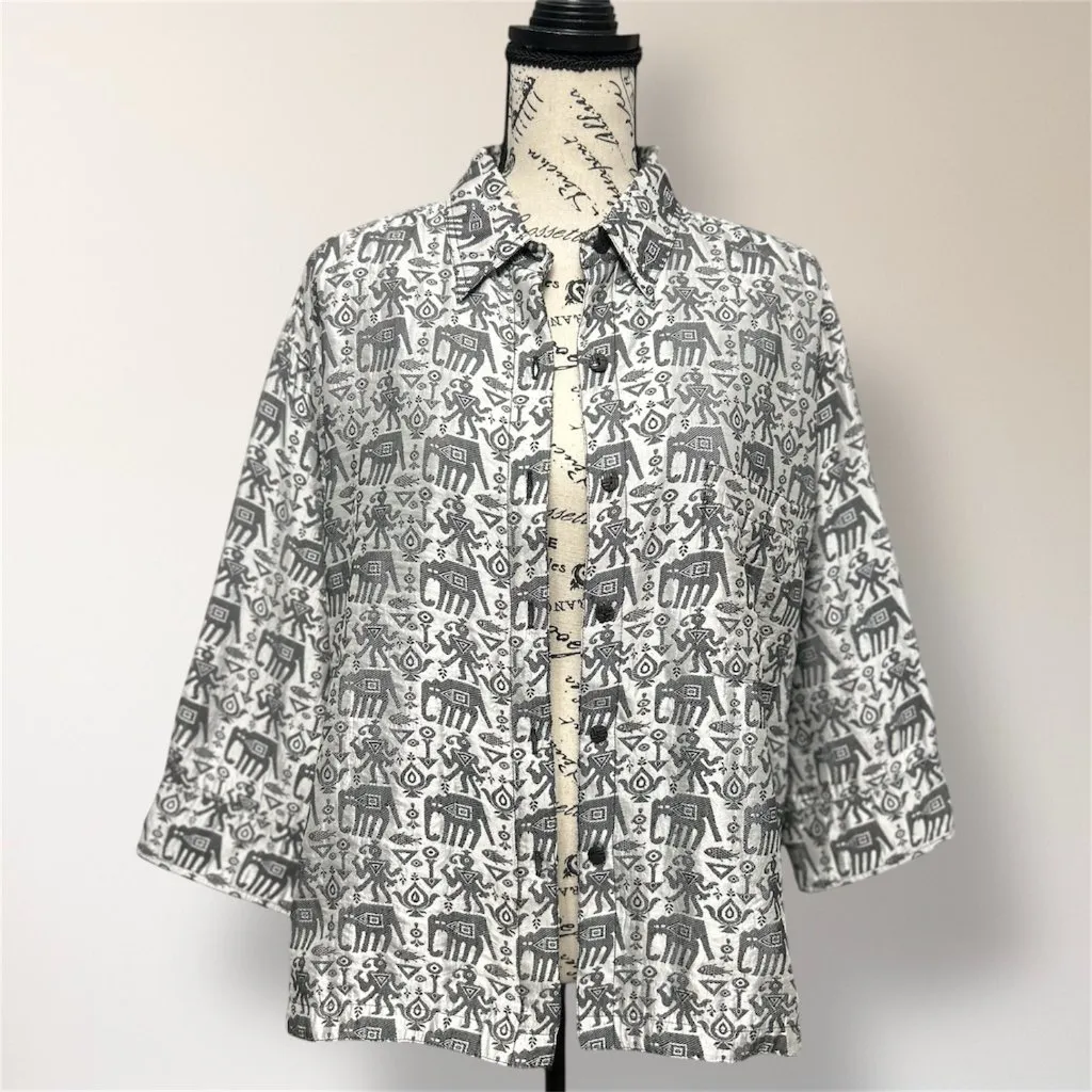 Vintage Chicos Design 2 Gray Tribal Silk Blend Embroidered Jacket Artsy Boho‎ L - Image 2