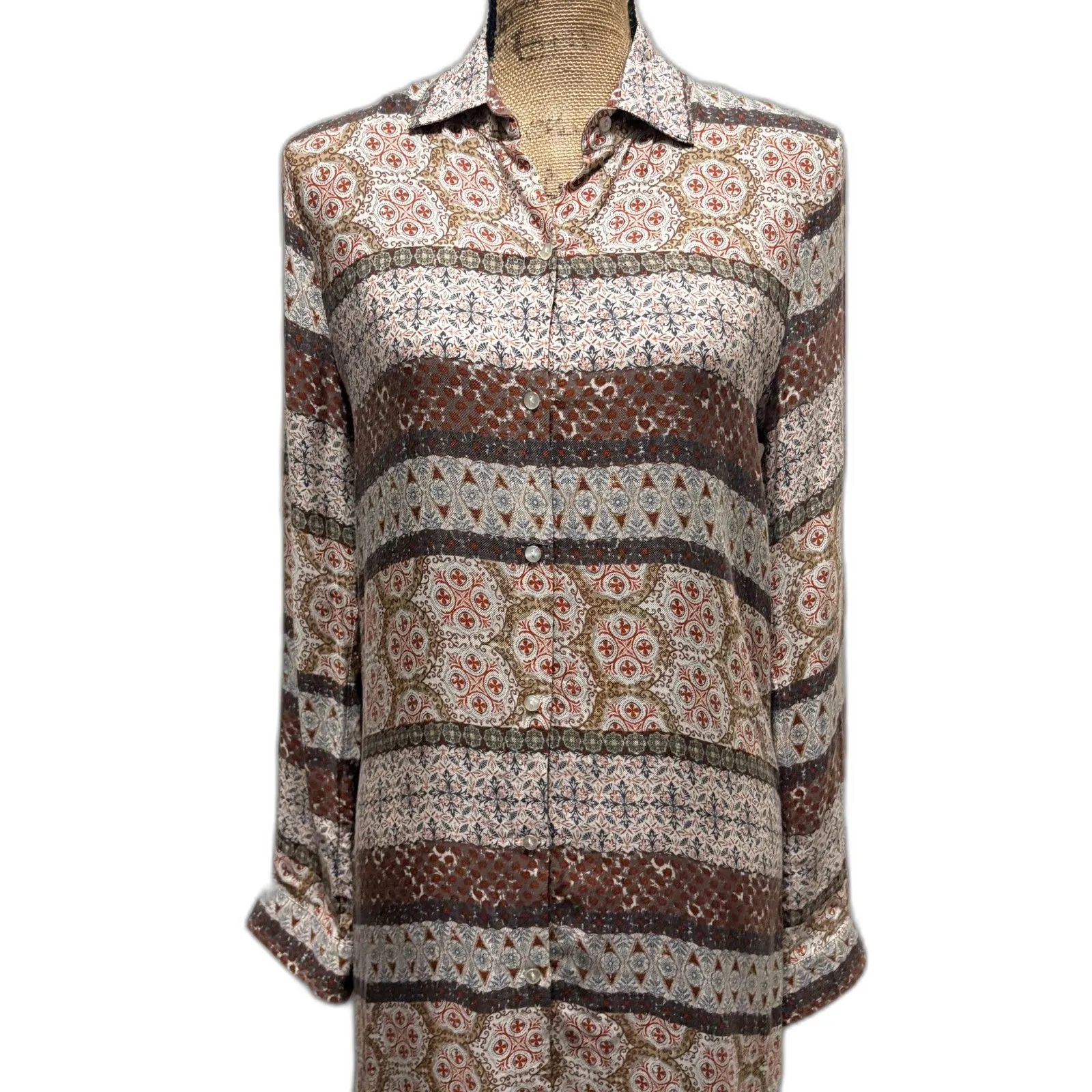 White Crow Maxi Shirt Dress Button Front Mixed Print Bohemian‎ Flowy Size Small - Image 2