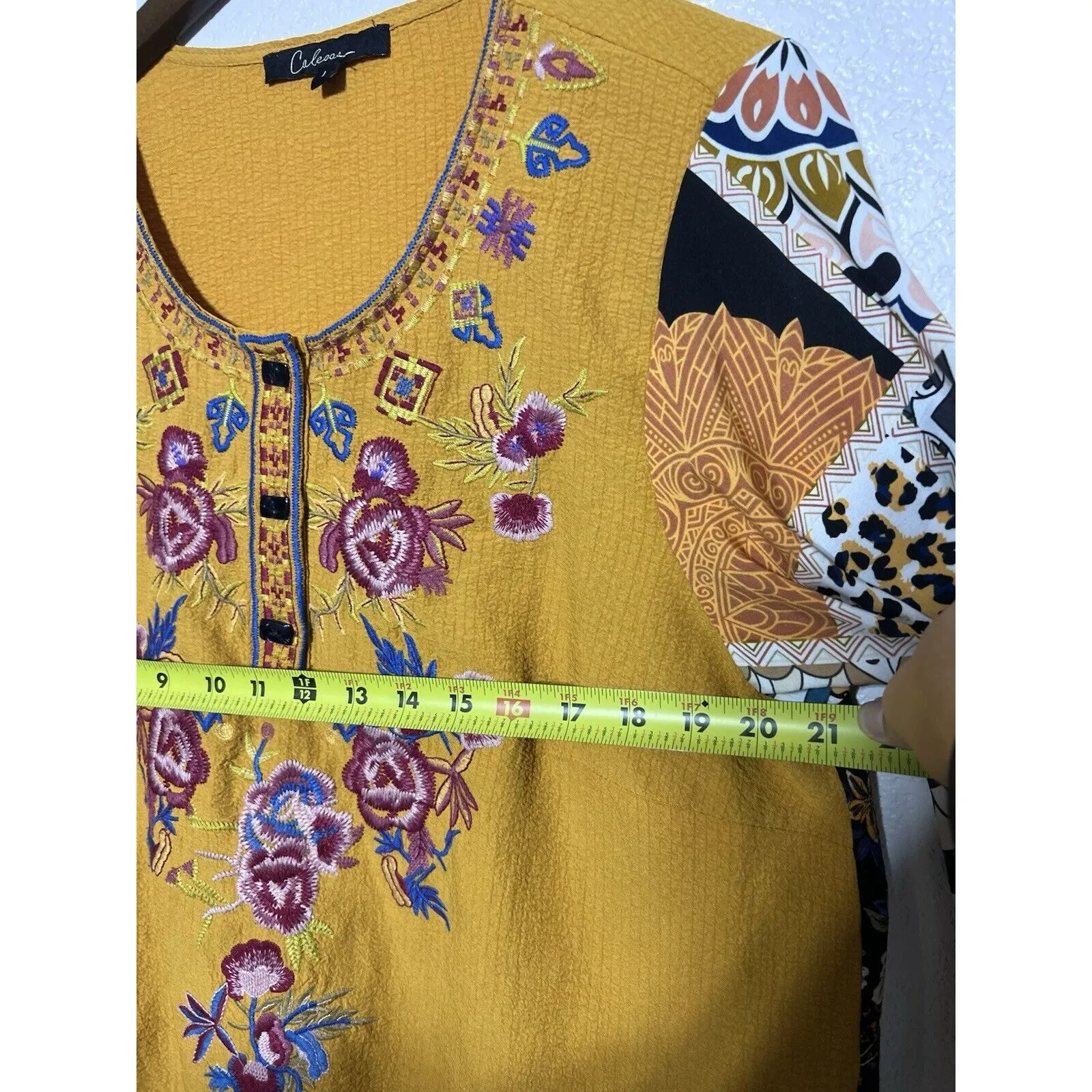 Caleoas BOHO Patchwork Blouse Embroidered Floral Buttons Size L Long Sleeve Size L - Image 8
