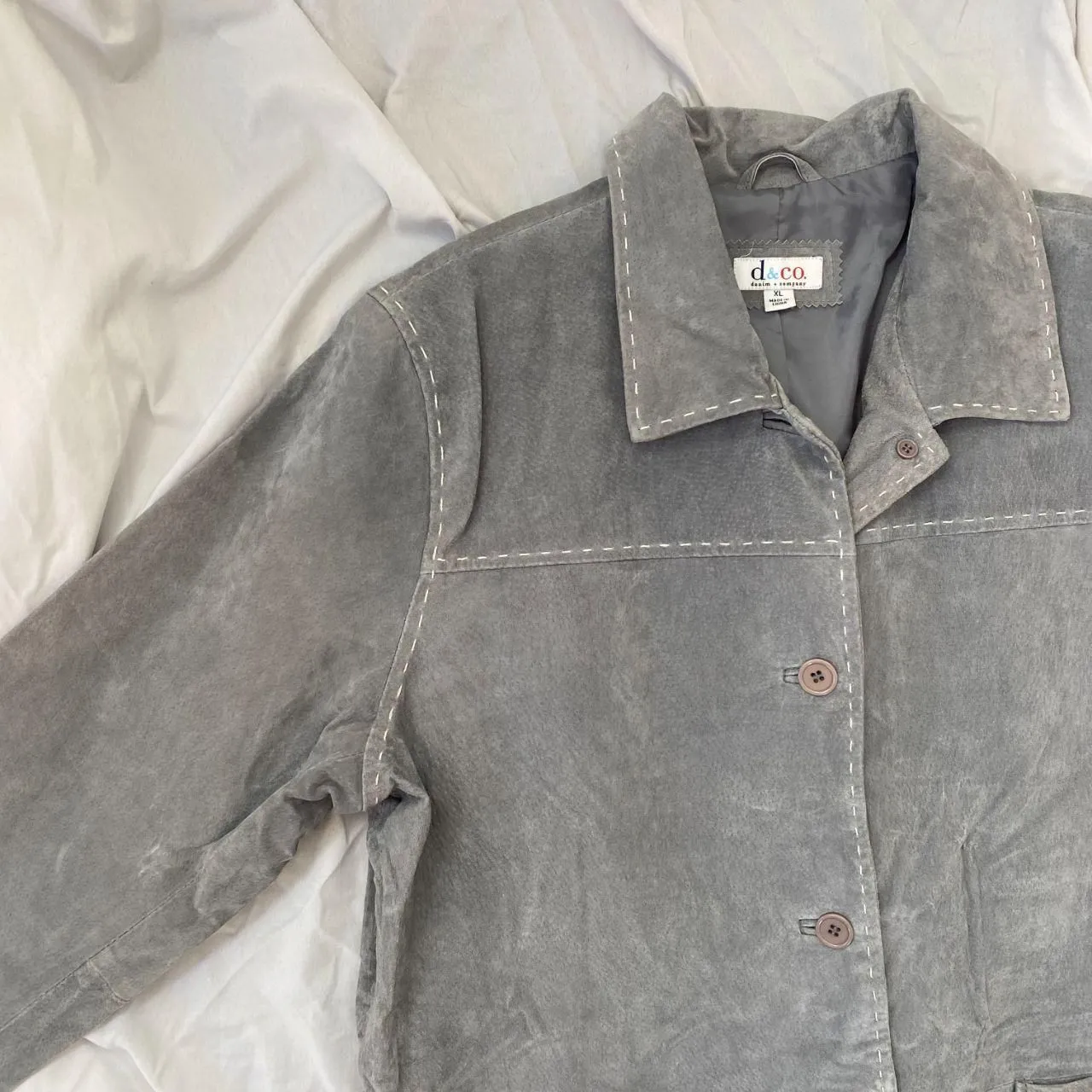 Denim&Co Vintage Light Gray Accent Stitching Suede Tailored Leather Jacket XL - Image 2