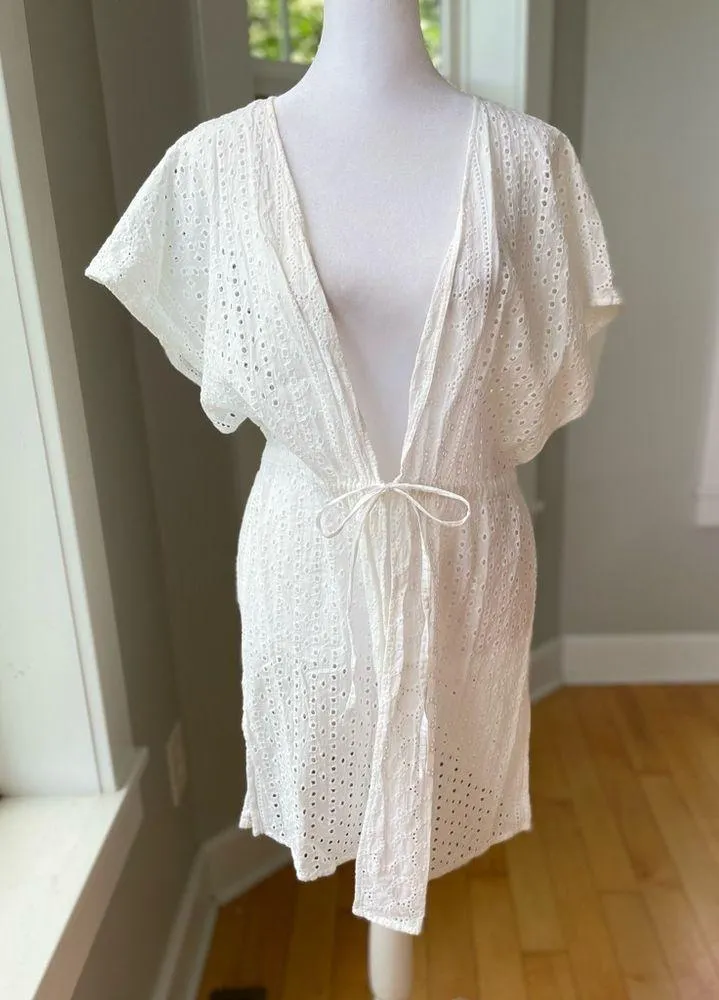 Kona Sol White Cotton Eyelet Drawstring Tie Front Swim Coverup Size S/M - Image 8