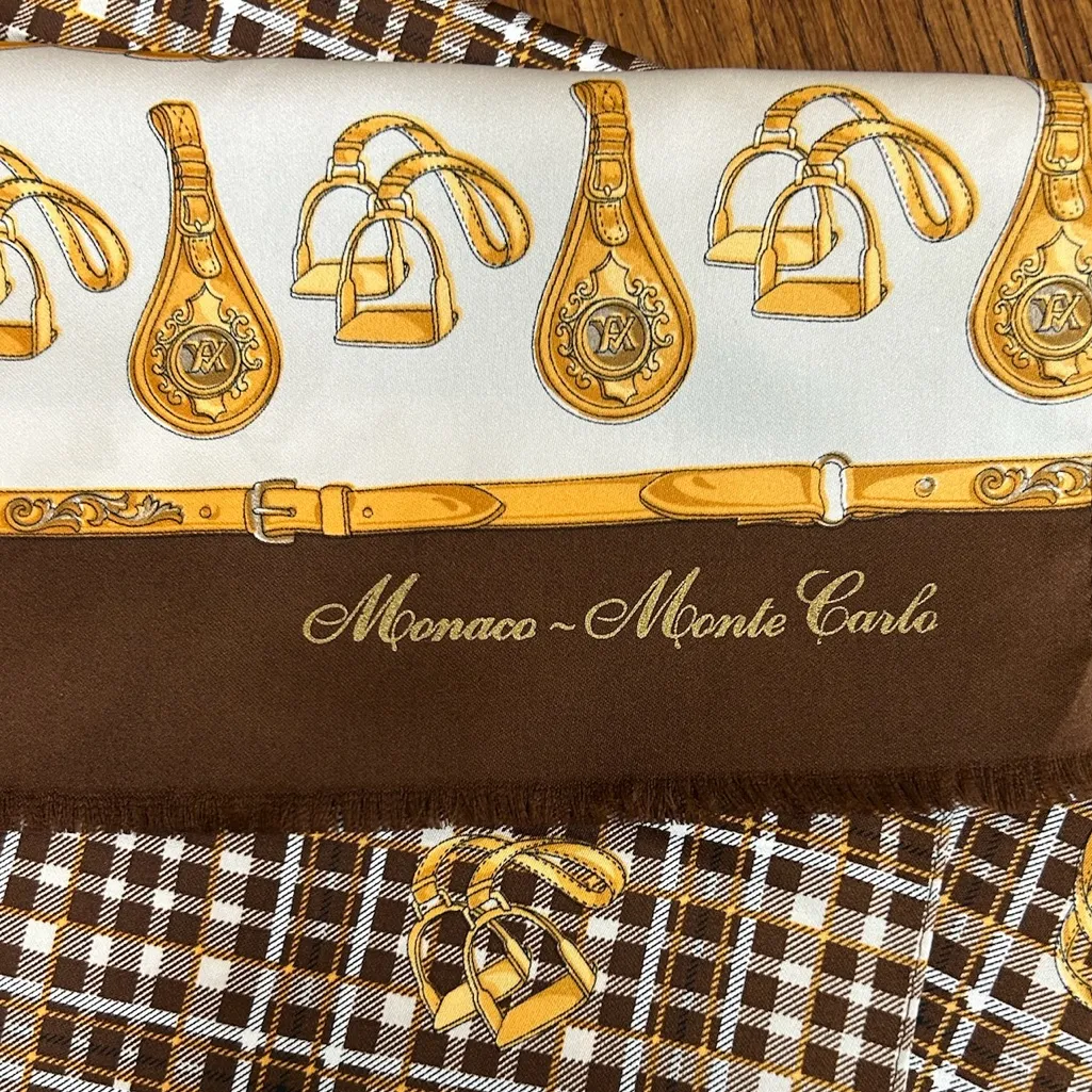 Monaco Monte Carlo Equestrian Scarf – Brown/Gold – 60”x12” Made in Italy Brown - Image 4