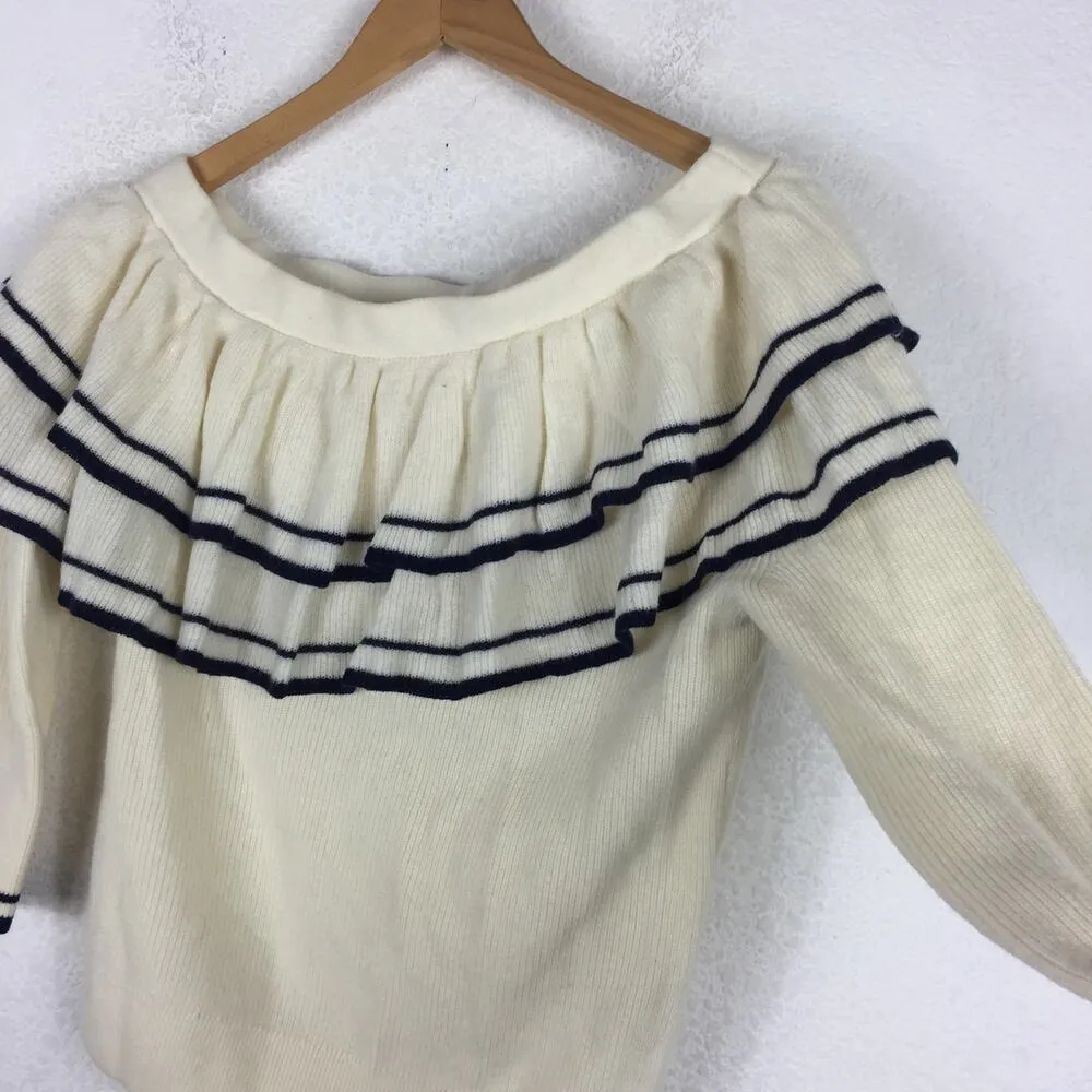 Frame Cream Wool Blend Sweater Small Ruffle One-Shoulder Varsity Stripe - Image 12