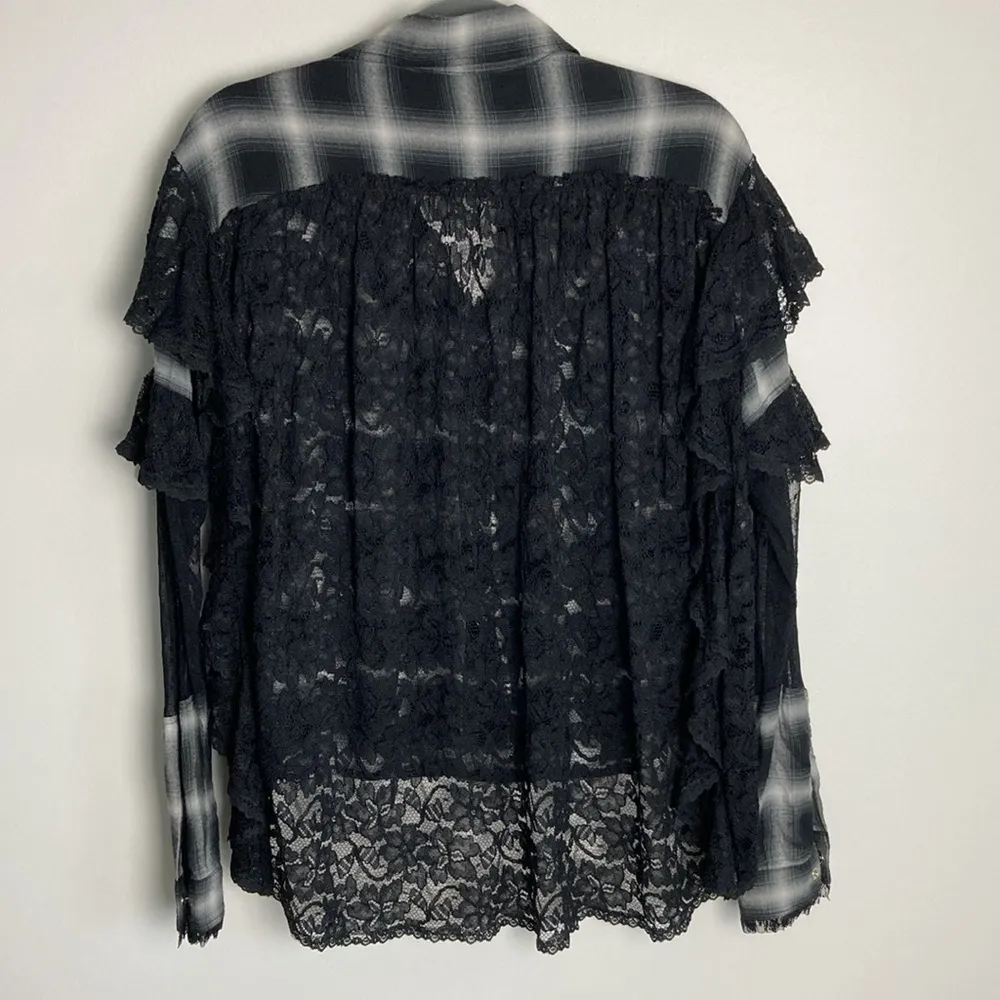 Divine Heritage Revolve Lace Button Front Plaid Shirt Gothcore Ruffles Medium Gray - Image 9