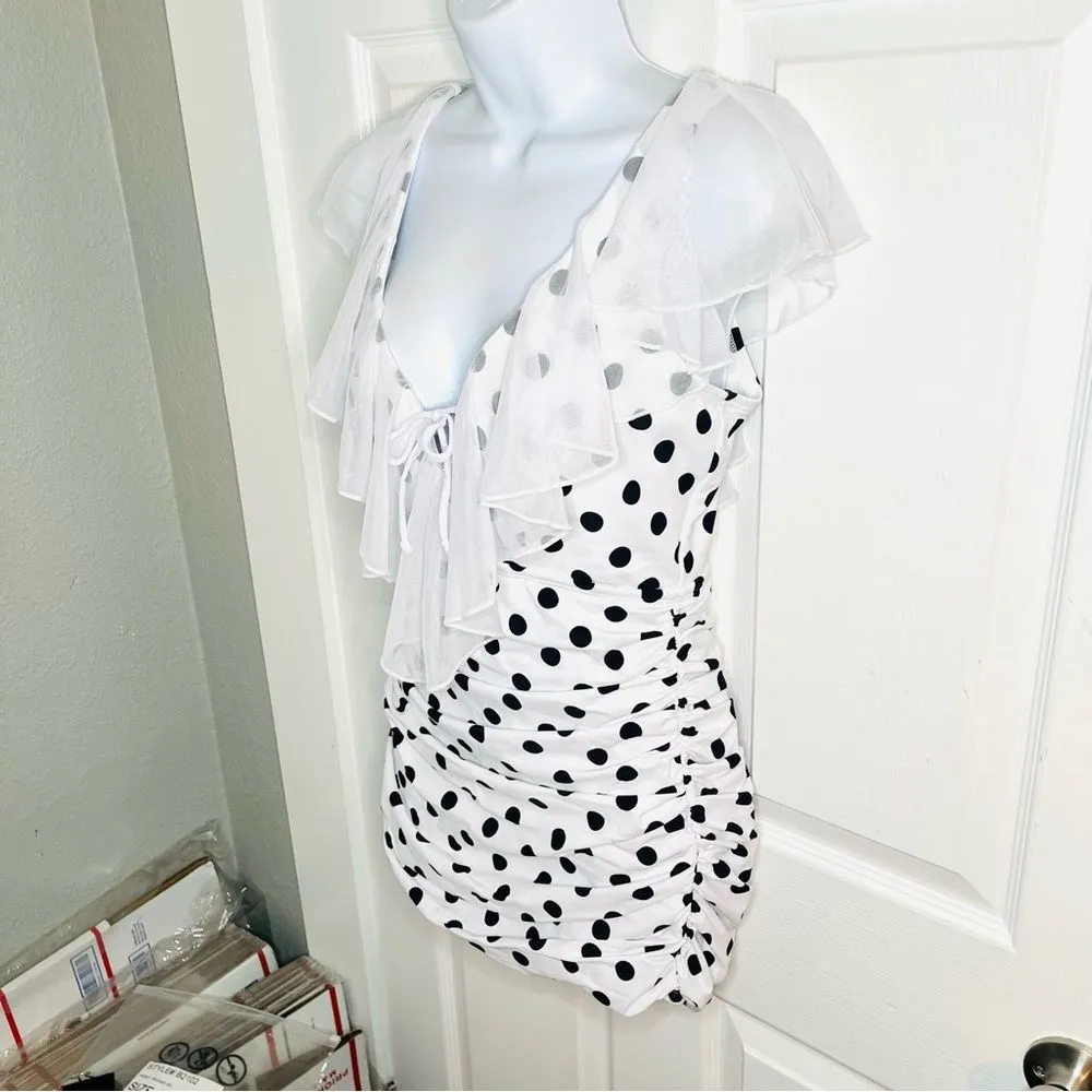Unique Vintage Polka Dot Ruffle Sheath Swimsuit Mesh Ruffle Black White M NWT - Image 6