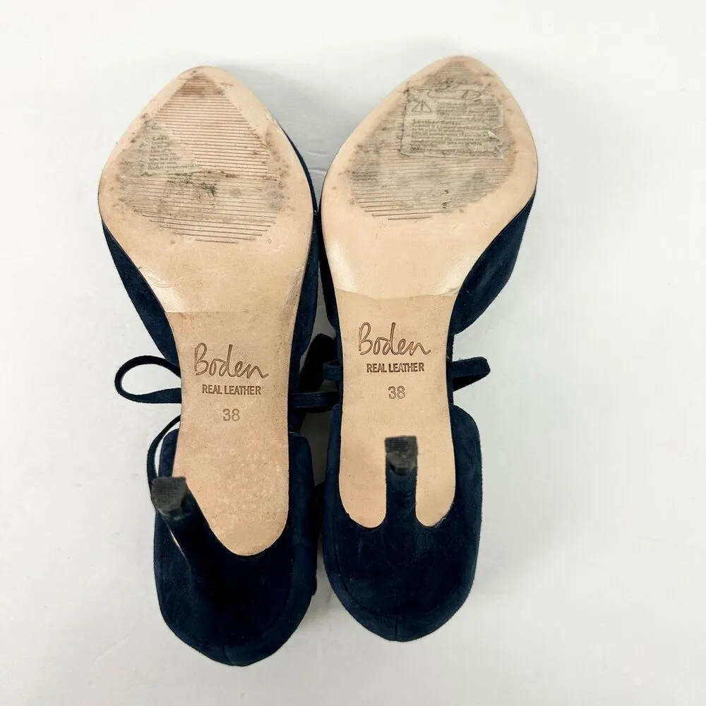 Boden Suede Leather Heels Size 38 US 7 Navy Blue T Strap Bow Tie Detail 3.5 Heel - Image 7